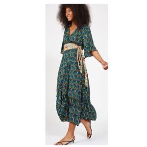 Silk & Salt Journey Maxi Wrap Dress in African Peacock Print XL NWOT